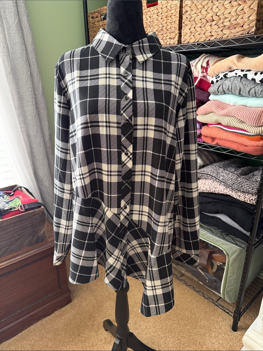 Susan Graver Black & White Plaid Button-Front Tunic